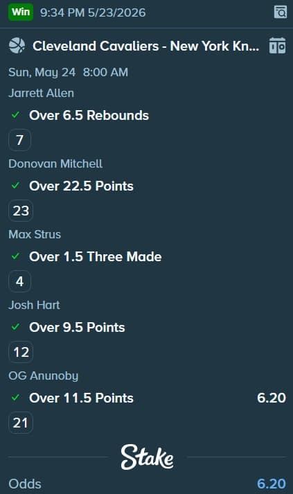 Stake position result — 5-leg same-game parlay on Cavaliers vs Knicks, 24 May 2026 — Allen Over 6.5 Rebounds (7), Mitchell Over 22.5 Points (23), Strus Over 1.5 Threes (4), Hart Over 9.5 Points (12), Anunoby Over 11.5 Points (21) — Win at 6.20 odds
